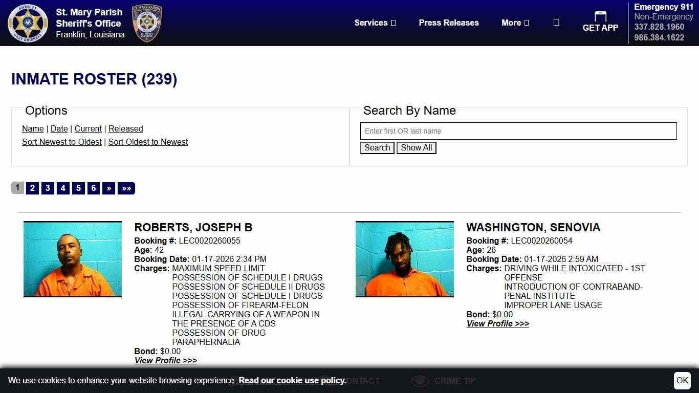 Inmate Roster | St. Mary Parish Sheriff's Office, Louisiana | Sort Booking Time - Descending | Page 1