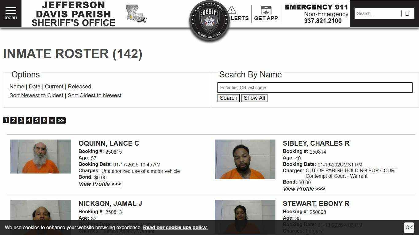 Inmate Roster | Jefferson Davis Parish Sheriff's Office | Sort Booking Time - Descending | Page 1